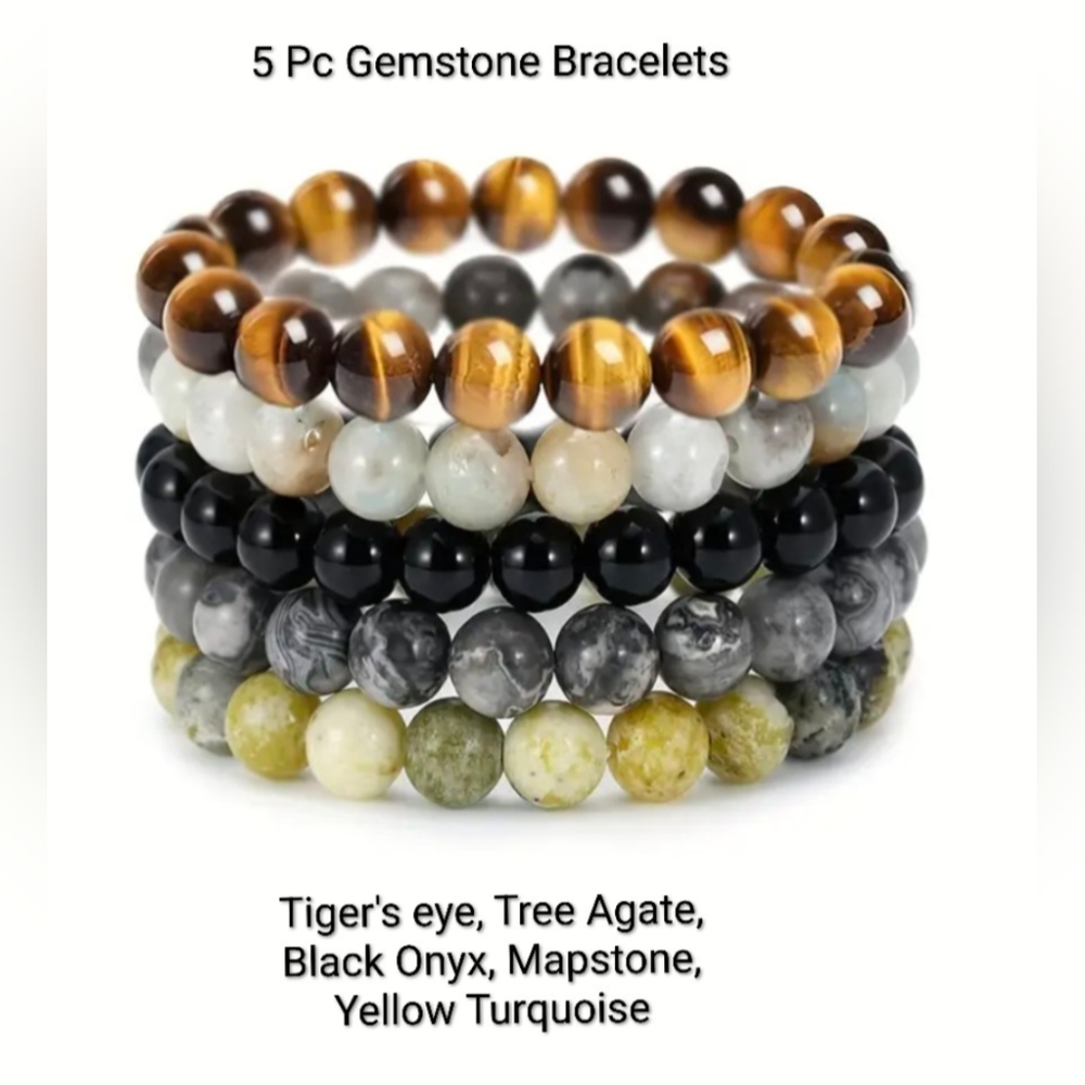 Semi-precious Gemstone Bracelet Set of 5 Reiki Bead Chakra Healing Bracelets